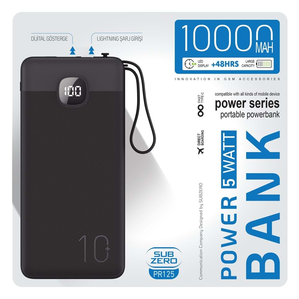 Subzero PR125 10.000 Mah Kablolu Led Göstergeli Powerbank