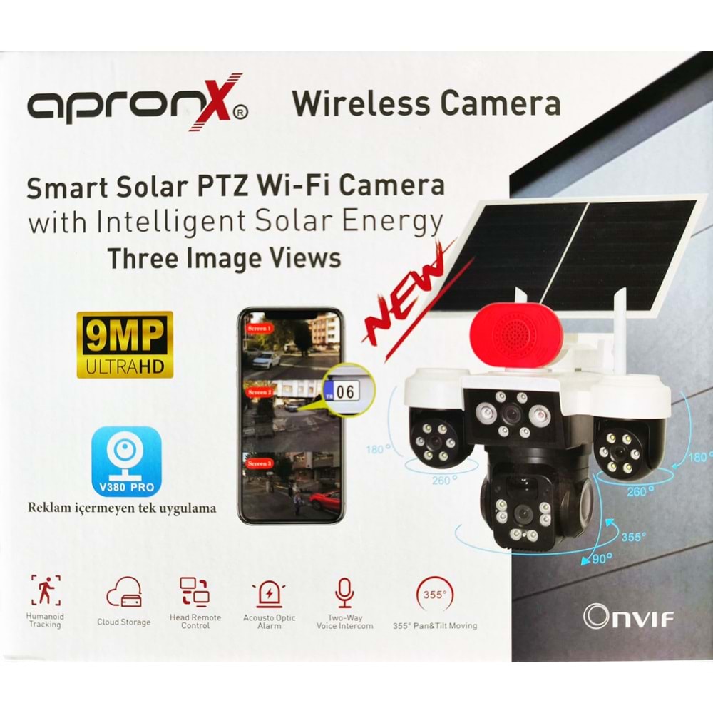Apronx APX-WP296 9Mp 3.6mm Solar Wifi Üç Kamera 24 Led PTZ (v380pro)