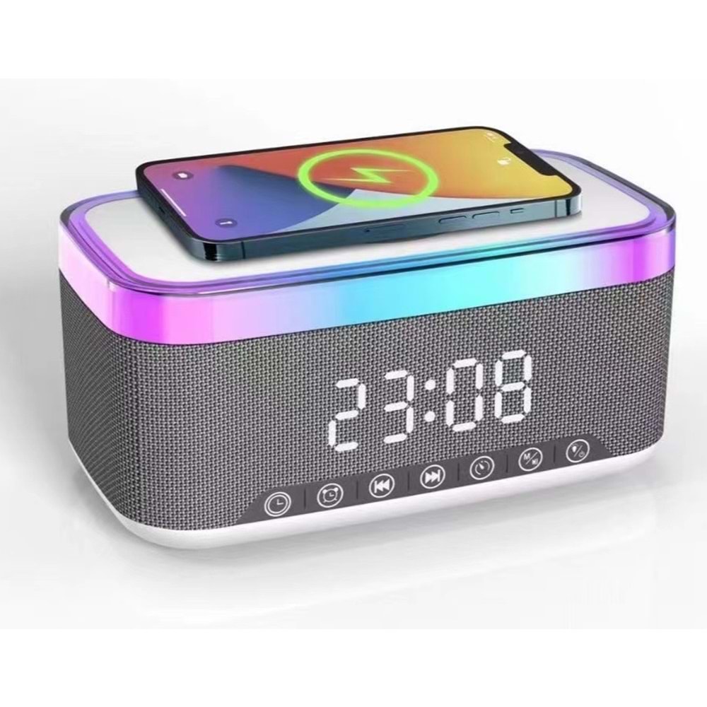 Jedel SA-148 1200mAh 10W Gri BT,USB,Kablosuz Şarjlı RGB-Gece Lambası Özellikli Alarmlı Saat Speaker