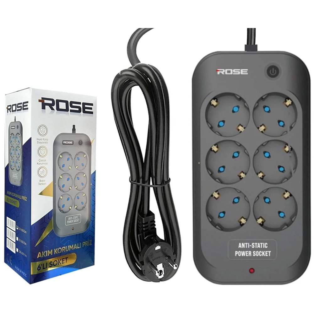 Rose GR-600-5M 6Lı Akım Korumalı 16A 3X2.5mm Kablo 5 Metre Priz