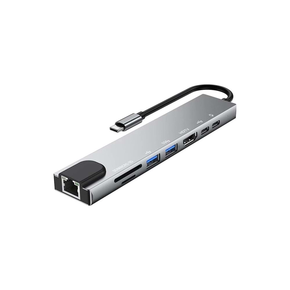 Taplın TK-124 8 In 1 Type C To Hdtv Çok Portlu Hub 4K HDMI Pd RJ45 USB 3.0 Sd Tf Çevirici Adaptör
