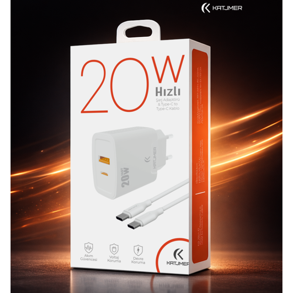 Katjmer KJ-20UP-CC Usb-Pd 20w Şarj Adaptörü Type-C To Type-C Kablo