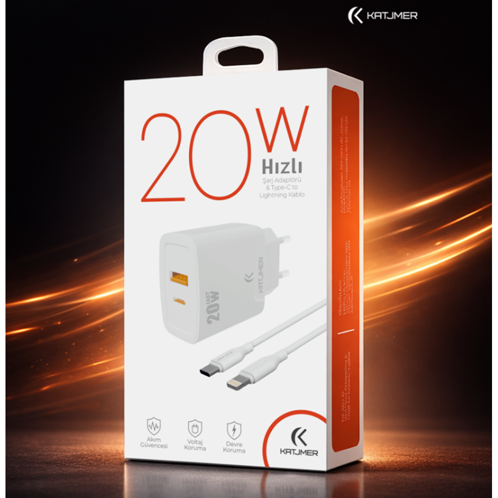 Katjmer KJ-20UP-CL Usb-Pd 20w Şarj Adaptörü Type-C To Lightning Kablo
