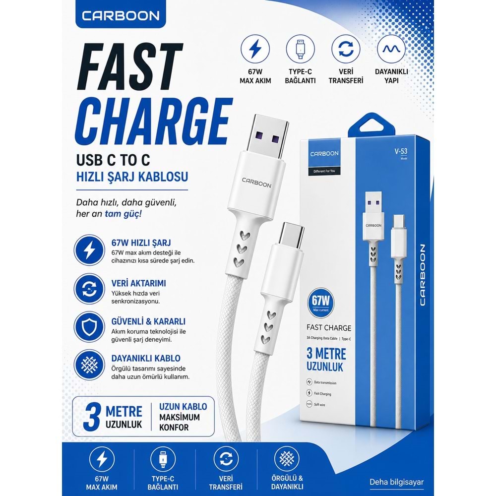 Carboon V-53 3mt Usb to Type-C 67W Şarj Kablosu