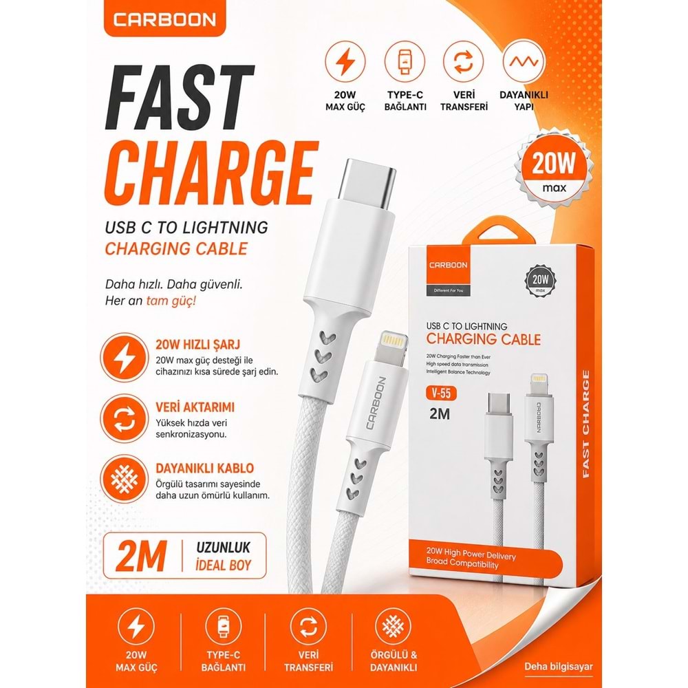 Carboon V-55 2mt Type-C to Lightning 20W Şarj Kablosu