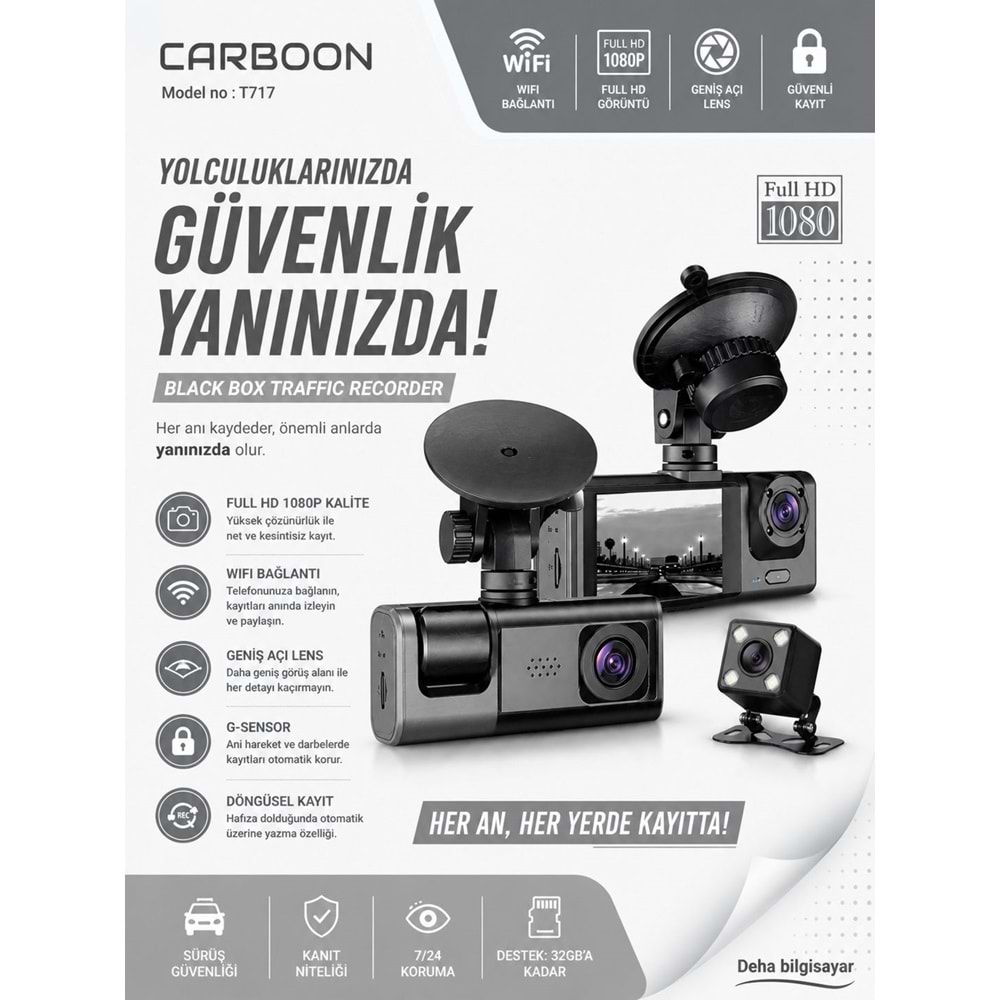 Carboon T717 Araç İçi Kamera 1080P+720P Full Hd Ön,arka ve Iç Kayıt 3 Kamera Gece Görüşlü