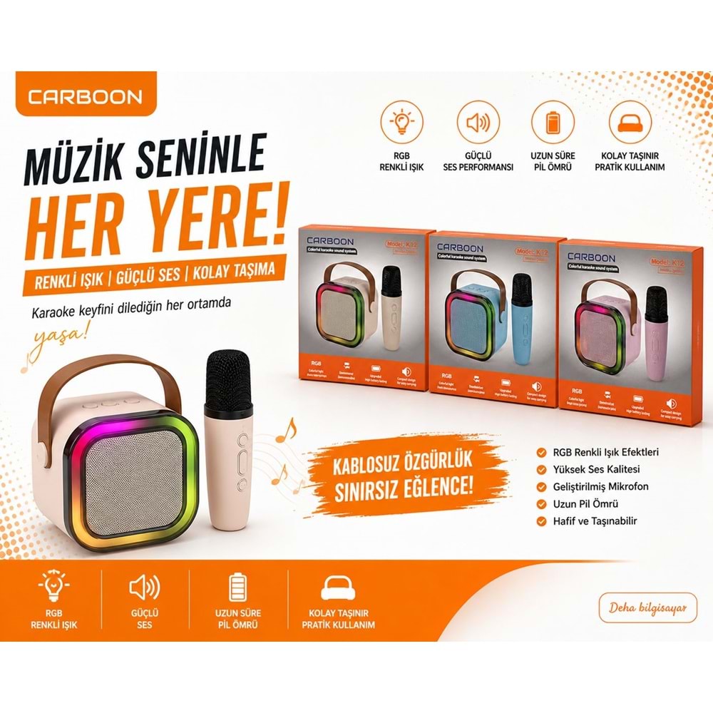 Carboon K12 Kablosuz Bluetooth Hoparlör Karaoke Mikrofon 5 Ses Efektli Rgb Hd Müzik Kutusu