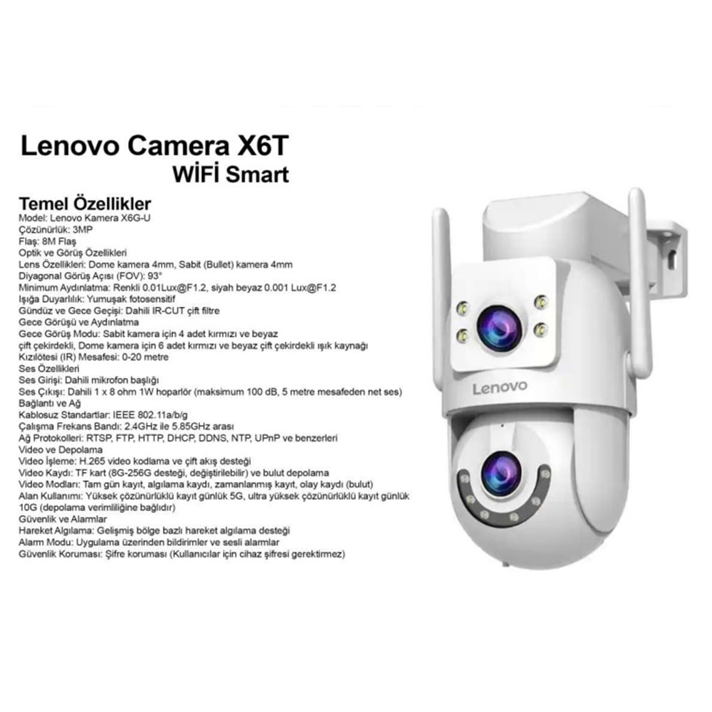 Lenovo X6G-U (X6T-U) 6MP 2 Lensli 2K Ultra HD 2.4G&5G Çift Bant Hızlı WiFi Güvenlik Kamerası
