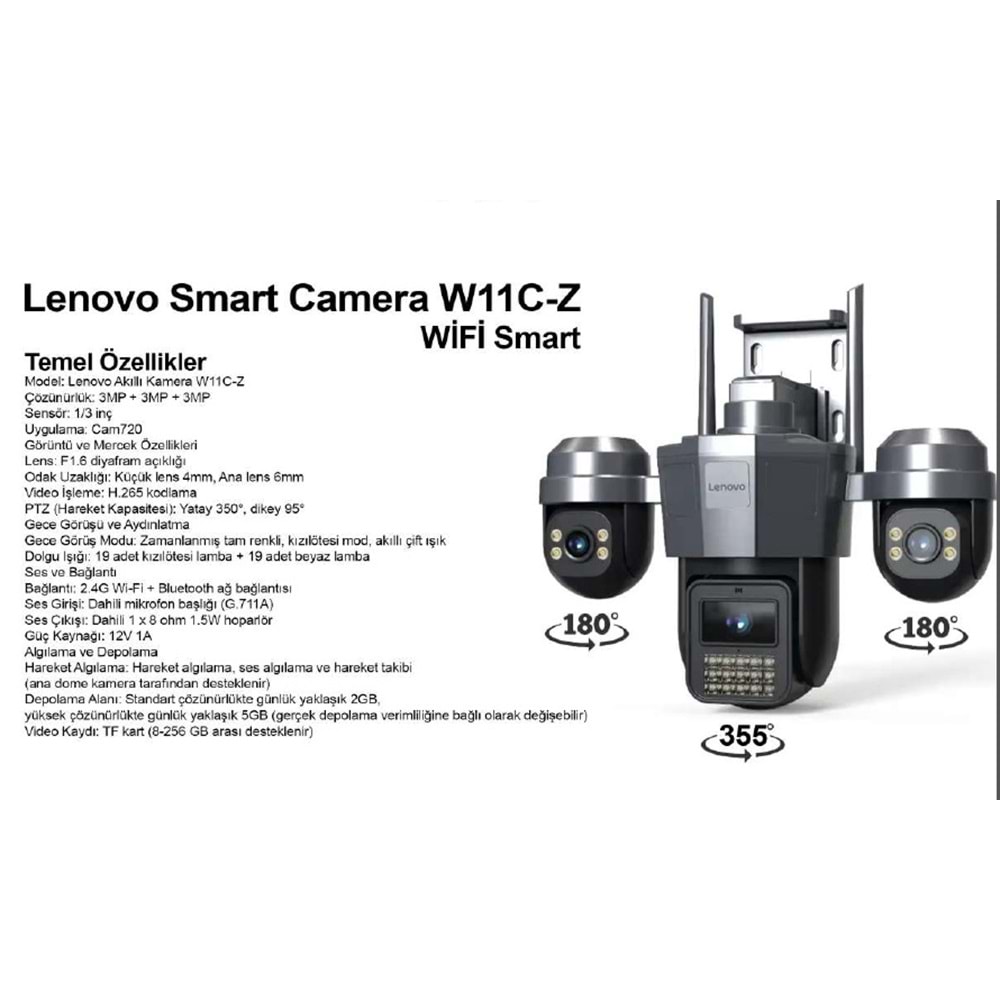 Lenovo W19C-U (JA-W11C-Z-U) 9MP 3 Lensli 4K Ultra HD 2.4G&5G Çift Bant Hızlı WiFi Dual PTZ