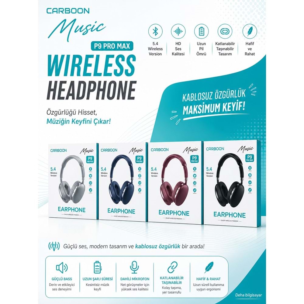 Carboon P9 Pro Max Bluetooth 5.4 Mikrofonlu Kulaküstü Kablosuz Kulaklık