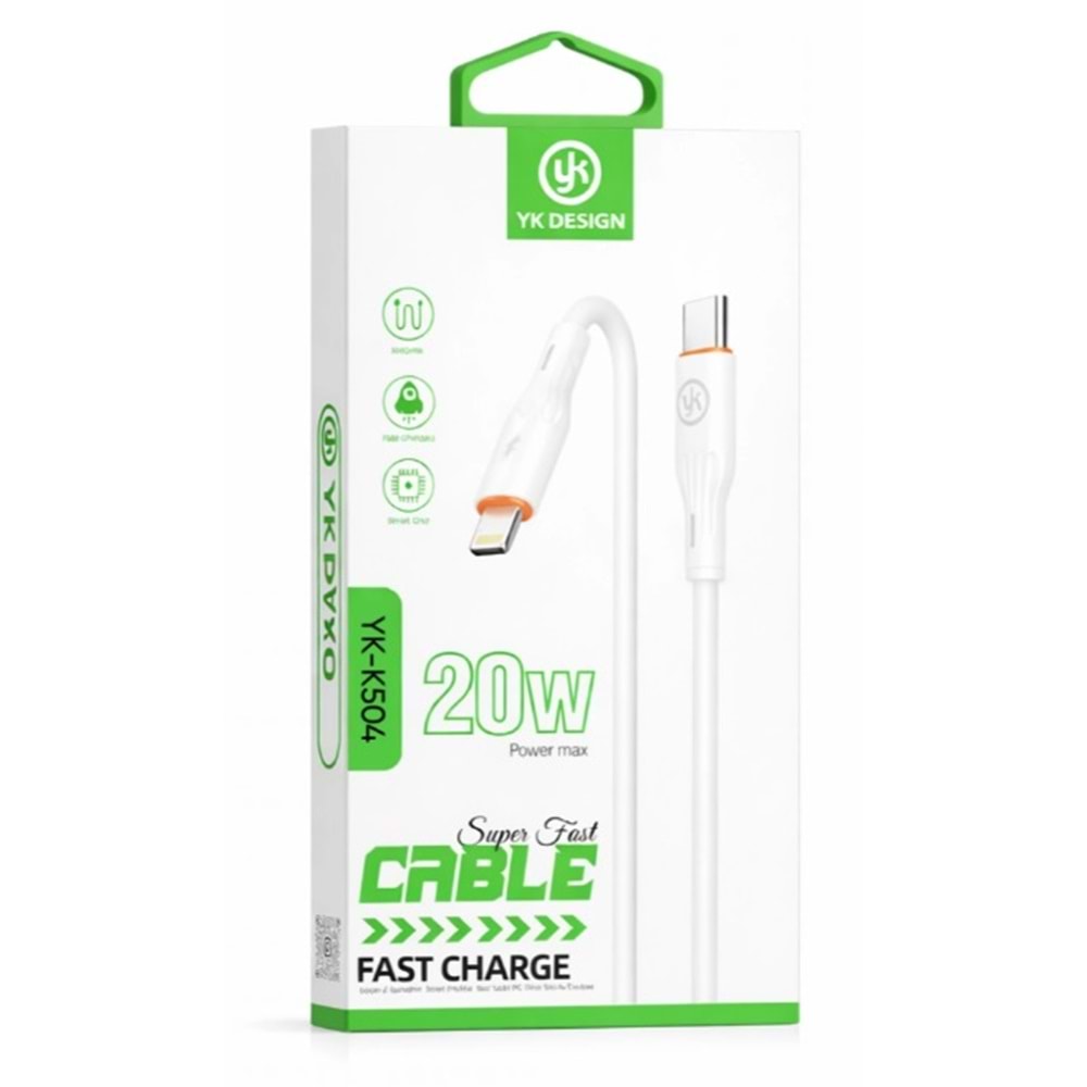 YK Design YK-K504 PD Lightning 20W Elastik Hızlı Şarj Data Kablosu
