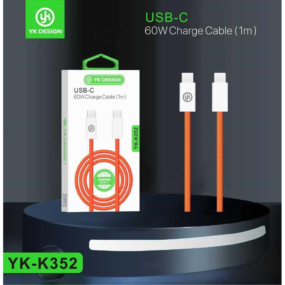 YK Design YK-K352 Type-C to Type-C 60W Örgülü Turunu Şarj Kablosu 1 Metre