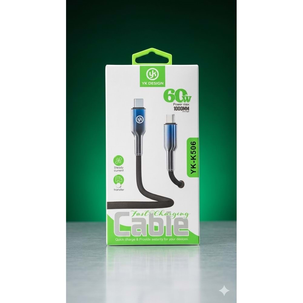 YK Design YK-K506 Type-C to Type-C 60W Örgü Hızlı Şarj Data Kablosu