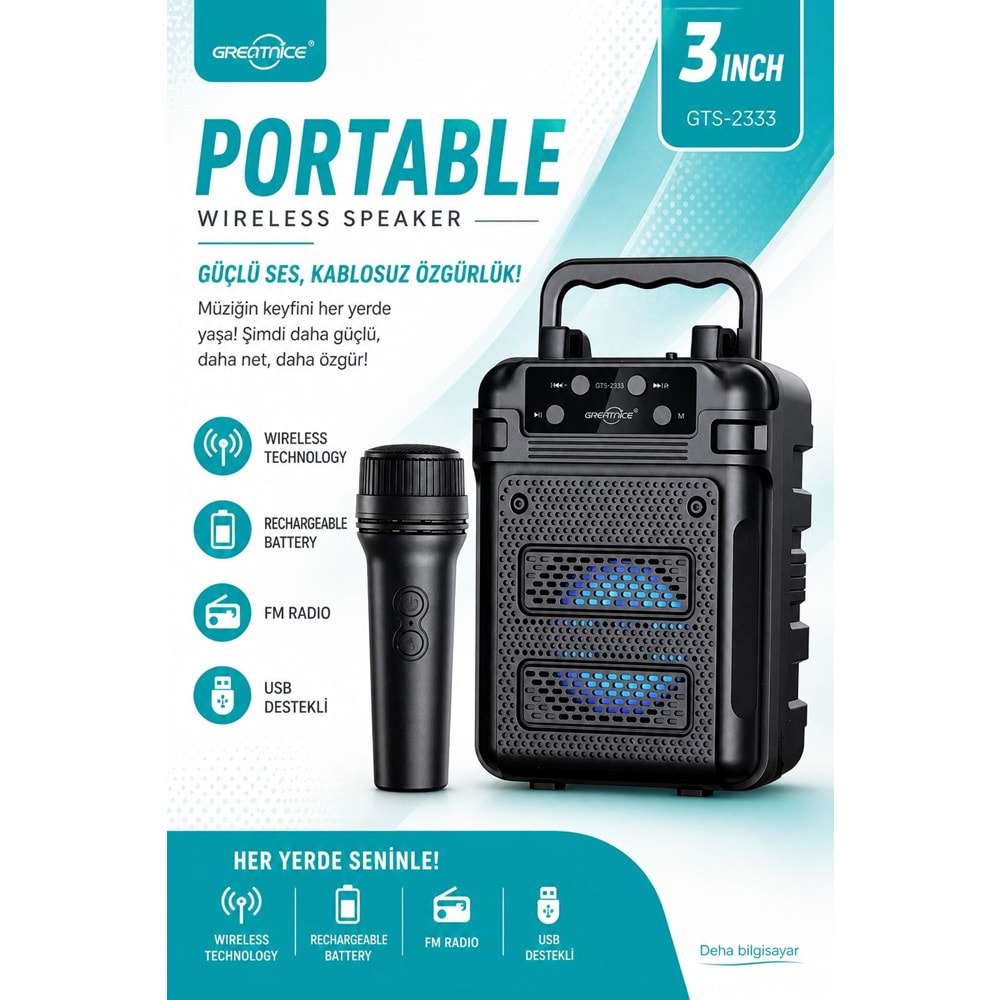 GTS-2333 Mini Bluetooth Speaker 3 FM Radio Kablosuz Mikrofon