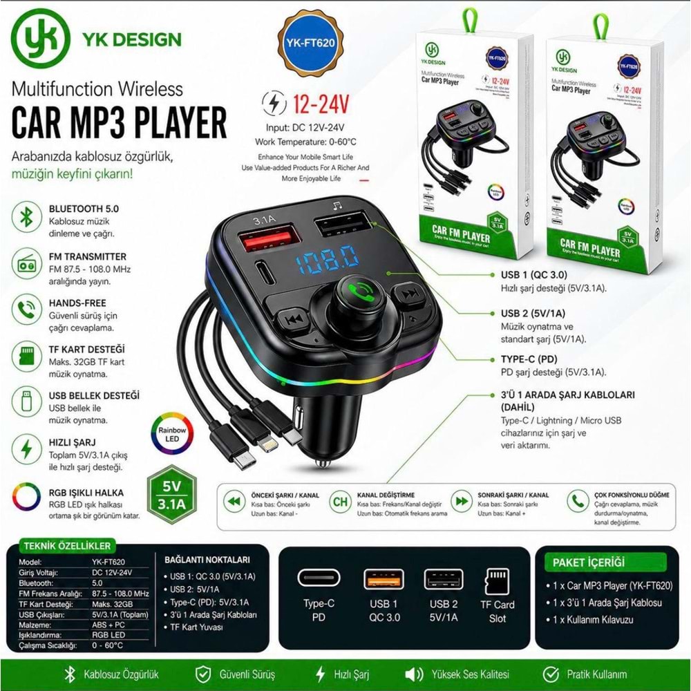 YK Design FT-620 Araç Fm Transmitter Bluetooth Usb Mp3 Sd Kart PD TypeC Şarj