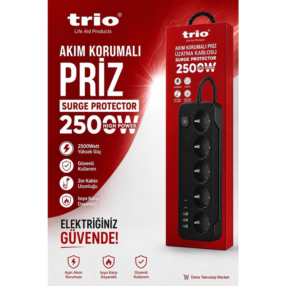 Trio TR3441 Akım Korumalı 5li Priz Uzatma Kasblosu 2mt 3Usb/2Type-C