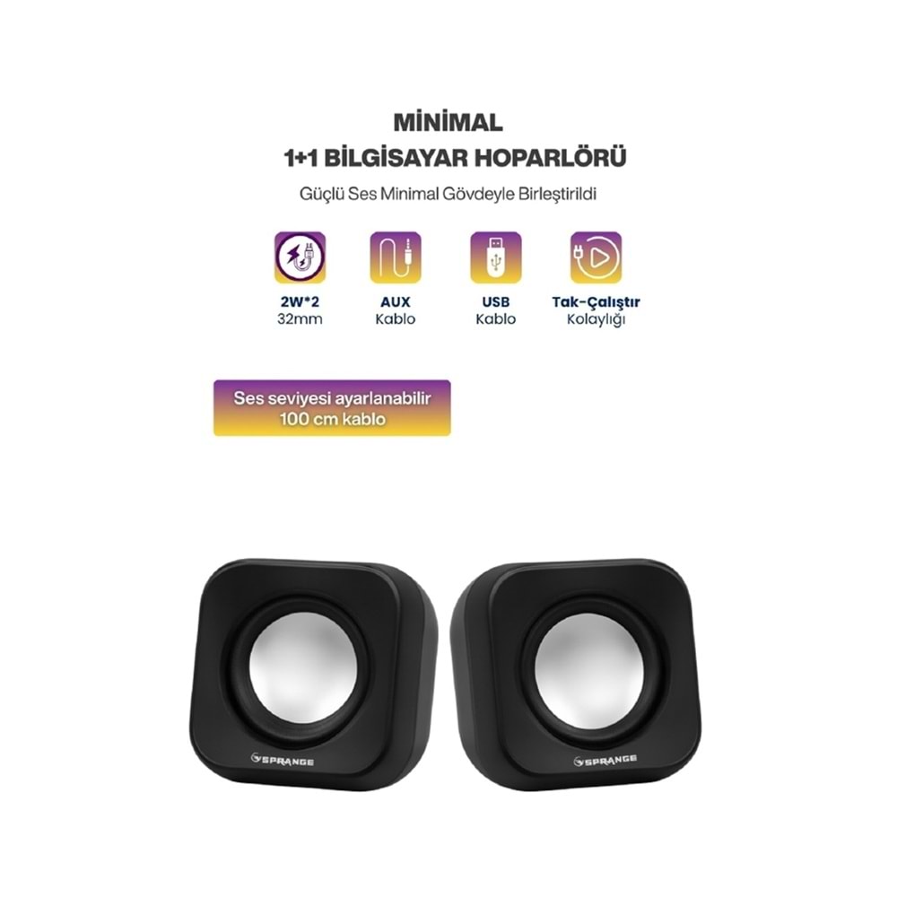 Sprange SR-PN99 2W*2 USB 2.0 + 3.5mm 5V Hoparlör Siyah