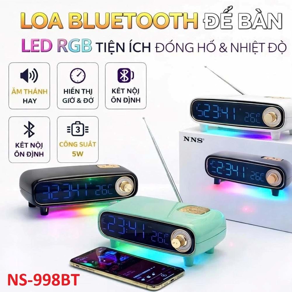 NNS NS-998BT Bluetooth Çok Fonksiyonlu Hoparlör, LED Ekranlı Çalar Saat, Sıcaklık Göstergeli FM Radyo ve RGB