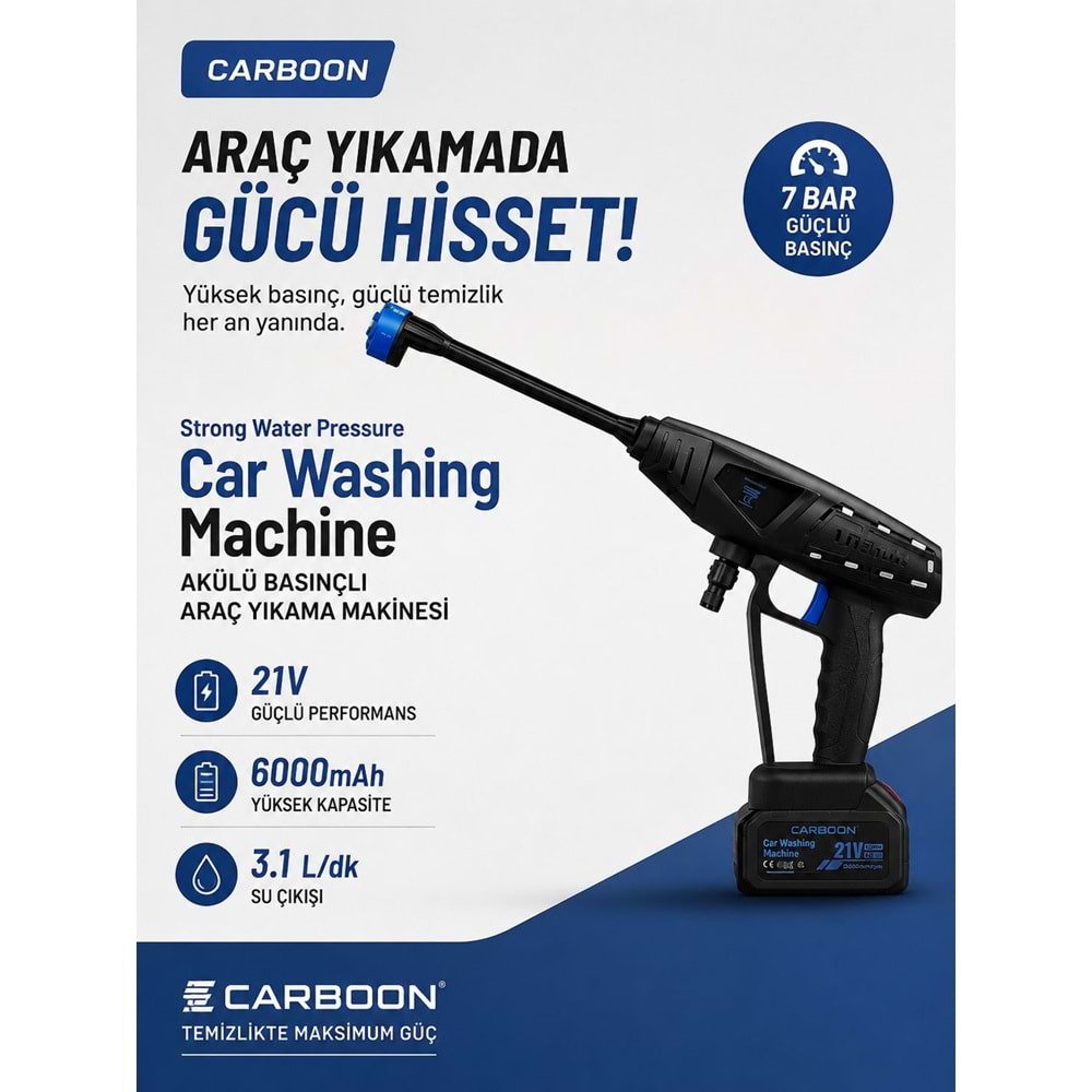 Carboon CAR-8103 21V 22.000RPM 6.000 Mah Batarya Basınçlı Araç Yıkama Makinesi