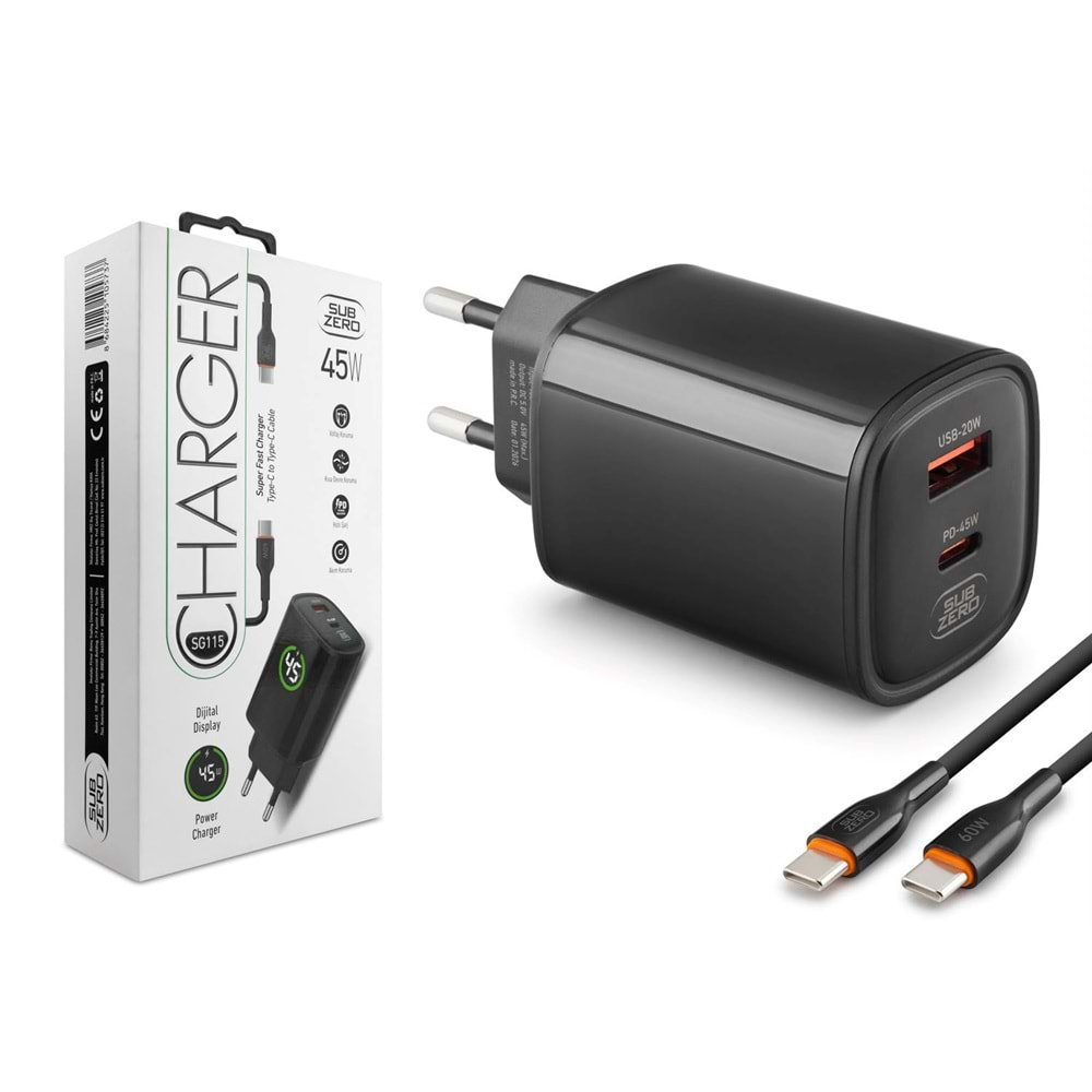 Subzero SG115 45W USB/PD Type-C to Type-C (Turbo) Siyah Şarj Aleti
