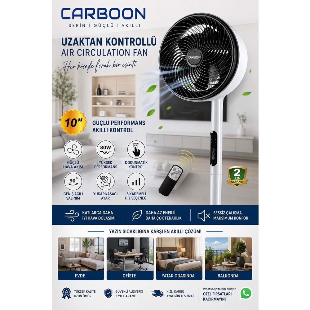 Carboon 1683HR Uzaktan kumandalı Elektirkli 80W Vantilatör
