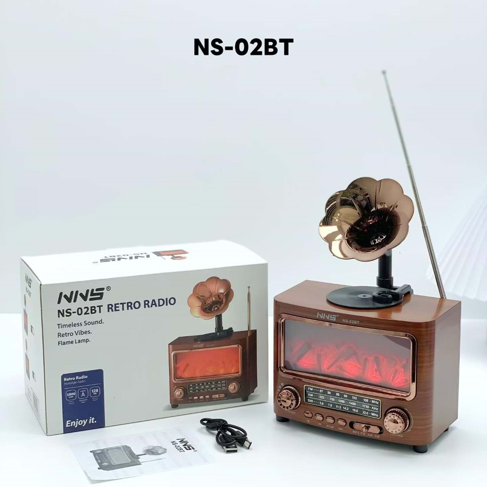 NNS NS-02BT Şomine Görünümlü Usb/Sd Mp3 Çalar Bluetooth Şarjlı Nostaljik Radyo