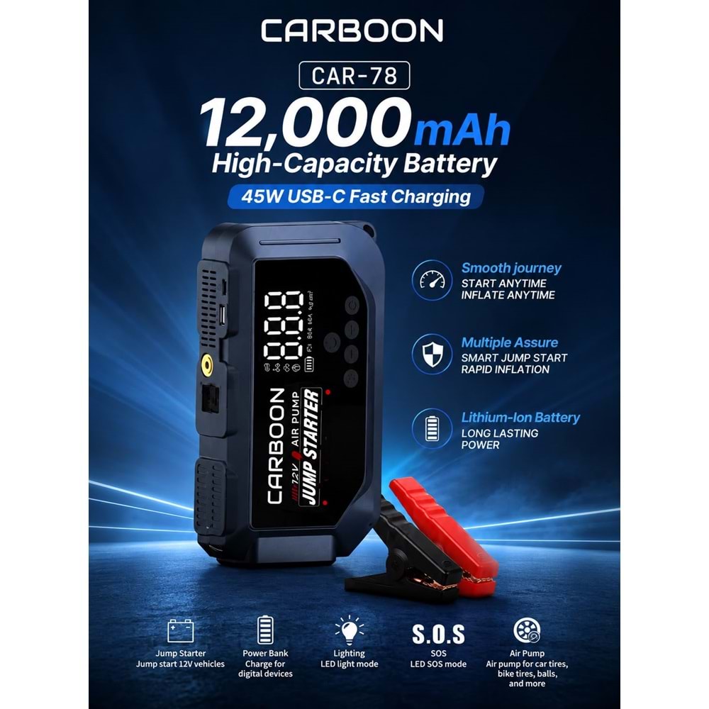 Carboon CAR-78 Kompresör Akü Takviye Cihazı 12.000Mah