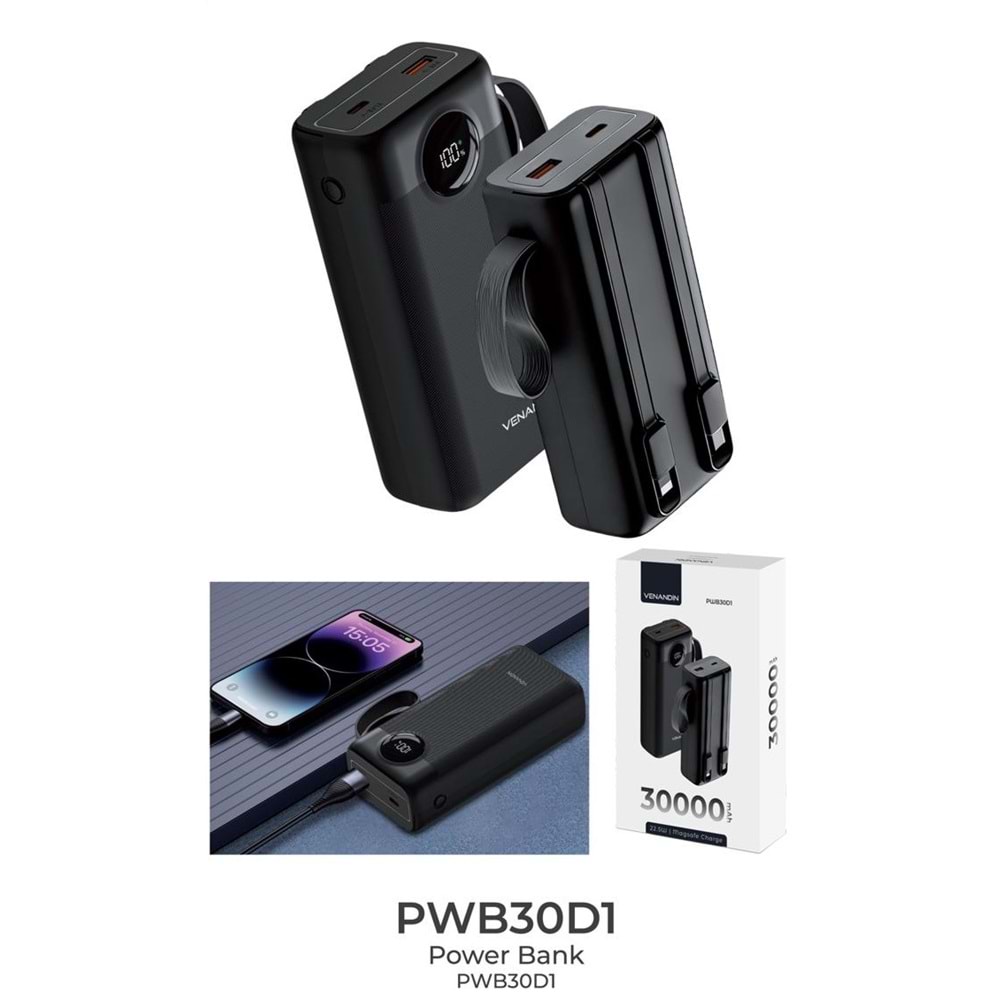 Venandin PWB30D1 30.000 Mah 22.5W Kendinden Kablolu Powerbank