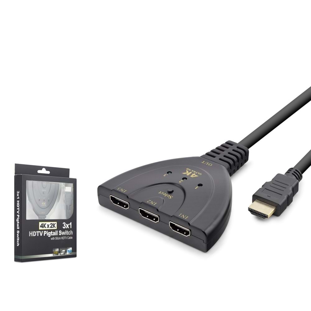 Hadron HDX1439 HDMI Switch 4K Kablolu 3 Giriş 1 Çıkış Siyah