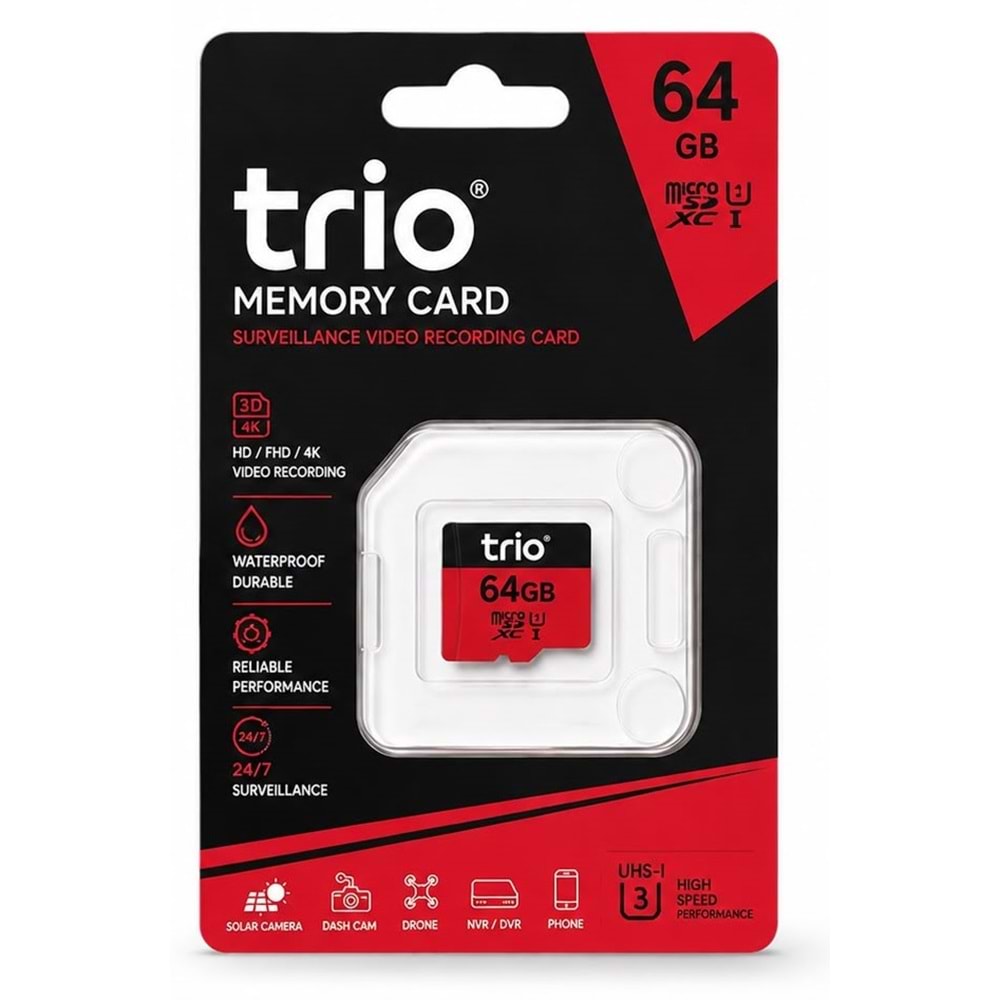 Trio 64Gb U3 Özellikli 4K 7/24 Kayıt Uyumlu(Güvenlik Kamerası Uyumlu) Hafıza Kartı