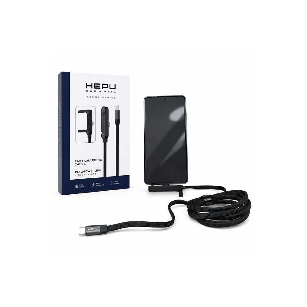 HEPU HP-ATC01 Armor Type-C to Type-C Hızlı Şarj Kablosu – 240W PD, Telefon Standlı Tasarım (1.5 Metre)