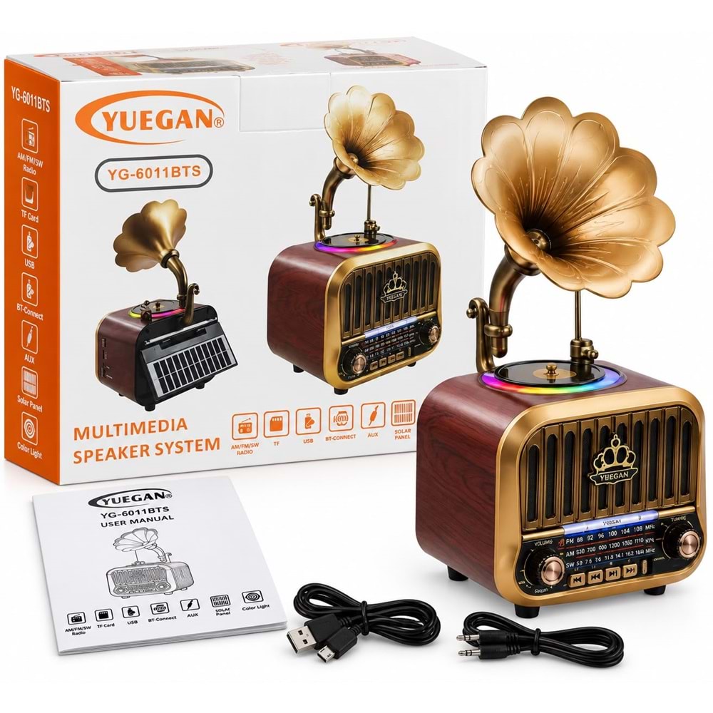 YUEGAN YG-6011BTS Usb/Sd Mp3 Çalar Gramofon Bluetooth Şarjlı Nostaljik Radyo