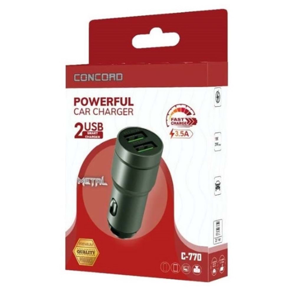 Concord C-770 3.5A Çift USB Metal Araç Şarjı