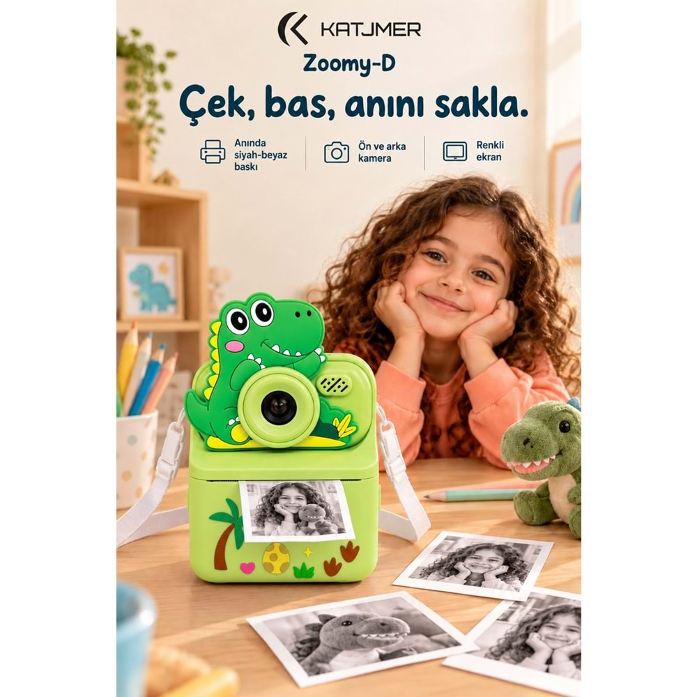 Katjmer KJ/ZM-001 Zoomy-D Dinazor Figürlü Anında Baskılı Çocuk Kamerası