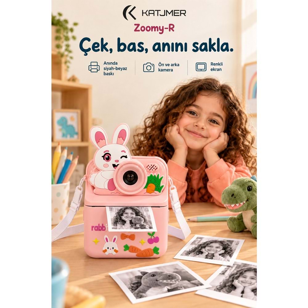 Katjmer KJ/ZM-001 Zoomy-R Tavşan Figürlü Anında Baskılı Çocuk Kamerası