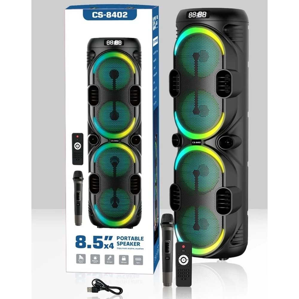CS-8402 Profosyonel Işıklı Çift Kablosuz Mikrofonlu Müzik Kutusu