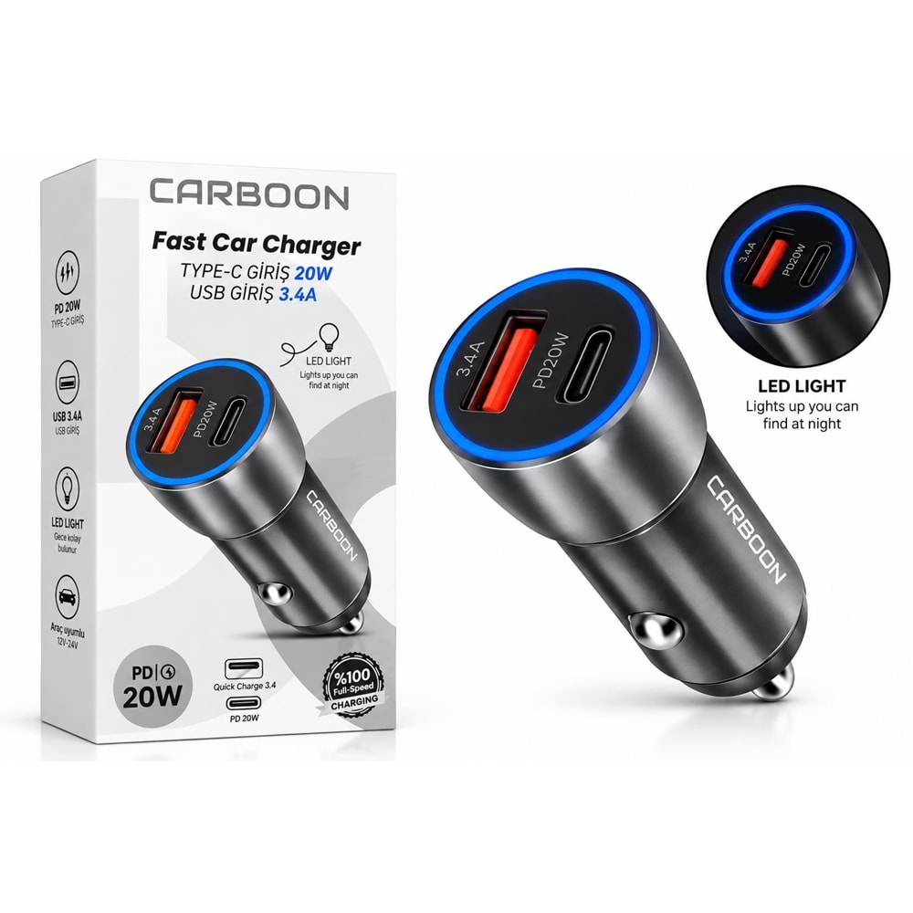 Carboon CC214 20W 3.4A PD+Usb Çıkışlı Metal Ledli Araç Şarj Başlığı