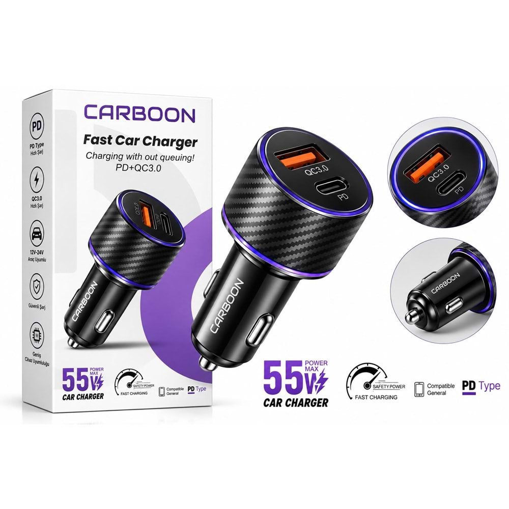 Carboon CC213 55W QC3.0 PD+Usb Çıkışlı Araç Şarj Başlığı