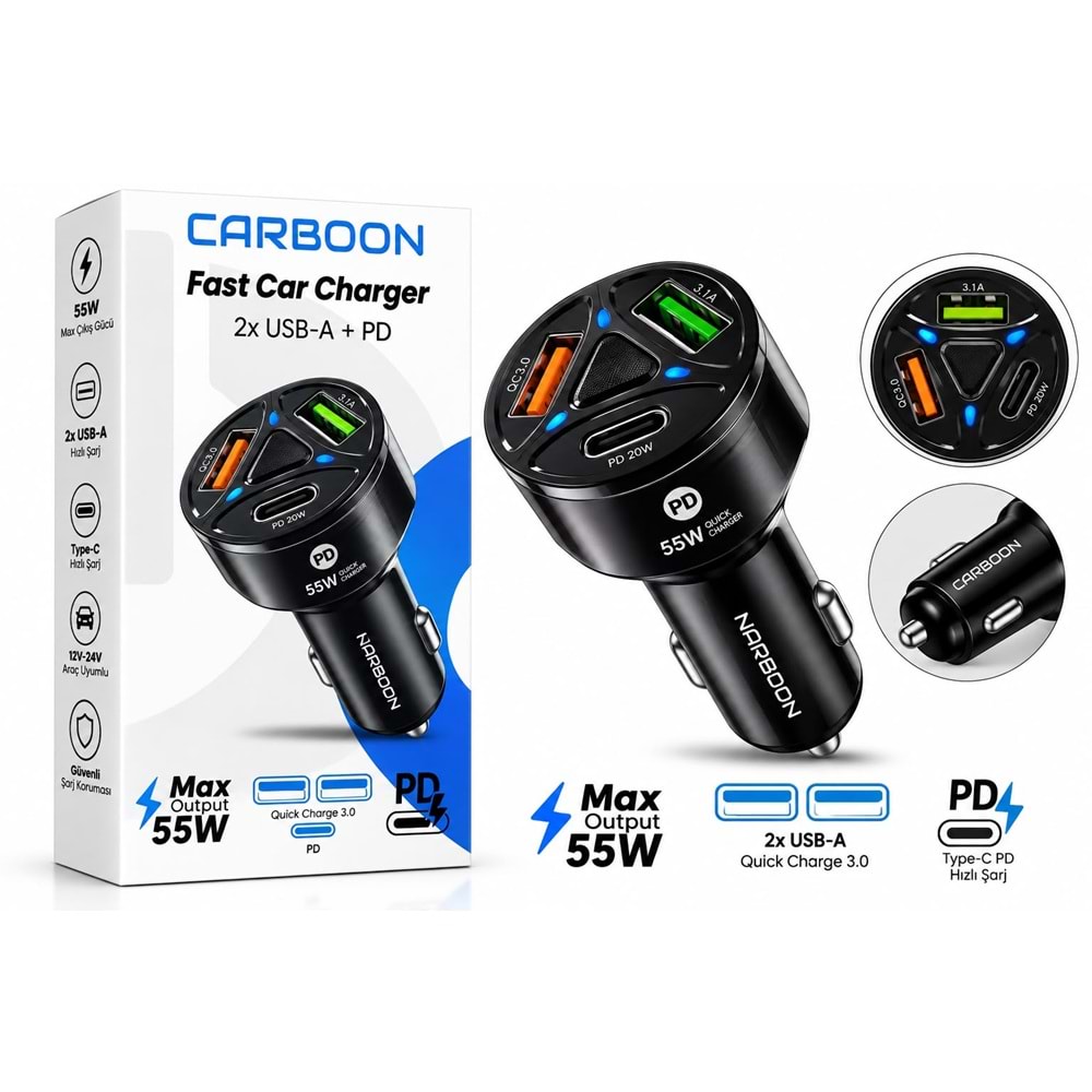 Carboon CC212 55W QC3.0 PD+Usb Çıkışlı Metal Ledli Araç Şarj Başlığı