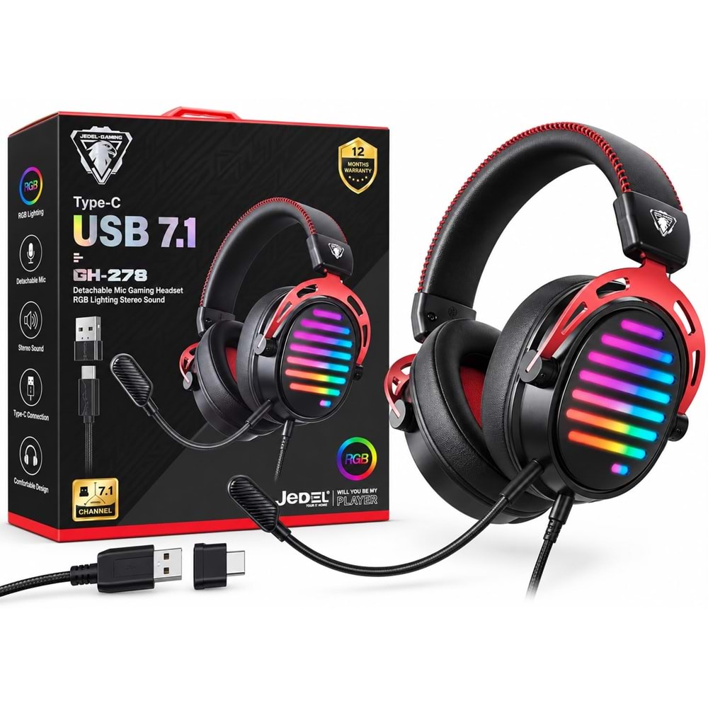 Jedel GH-278 Profesyonel 7.1 (Usb/Type-C) Girişli Rgb Gaming Oyuncu Kulaklığı