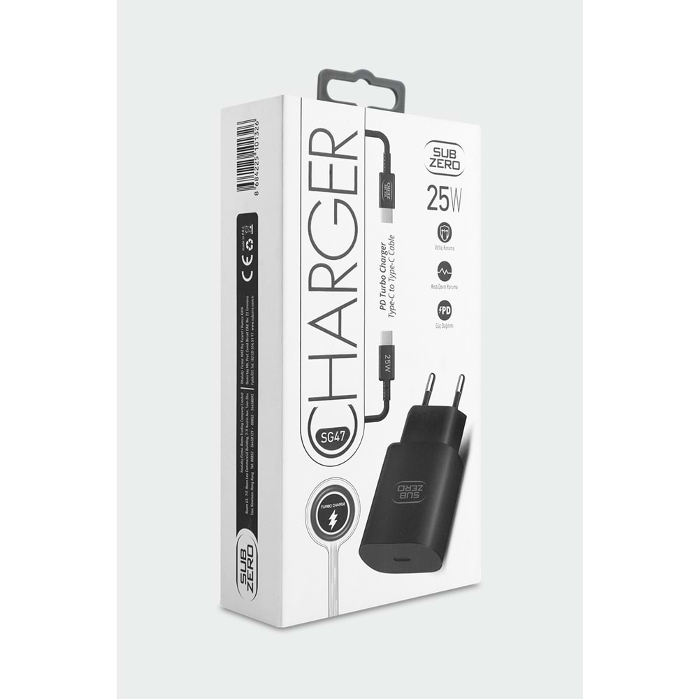 Subzero SG47 25W PD Type-C to Type-C (Turbo) Siyah Şarj Aleti