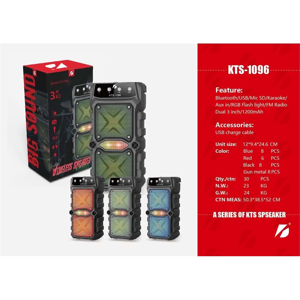 KTS-1096 Taşınabilir Kablosuz Blutooth Hoparlör LED Işık