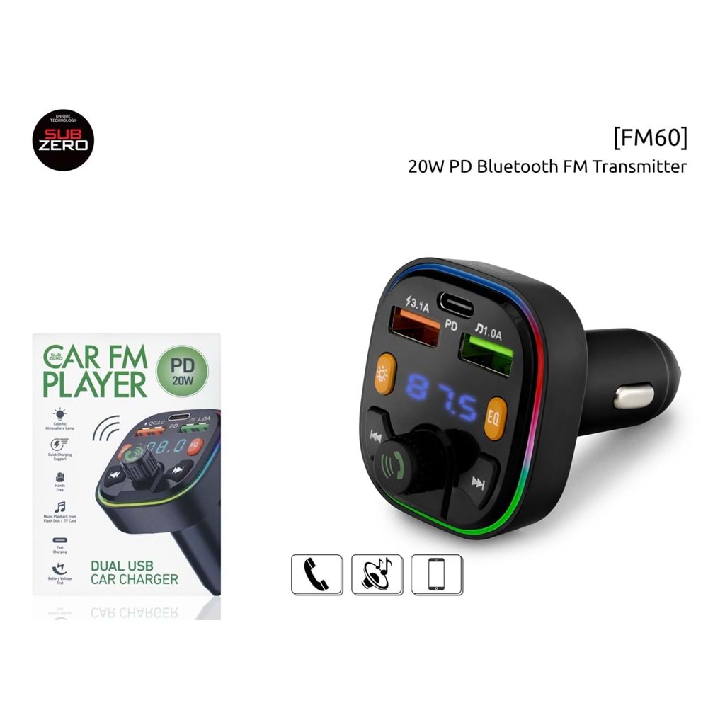 Subzero Bluetooth/USB FM 20W PD RGB Transmitter FM60