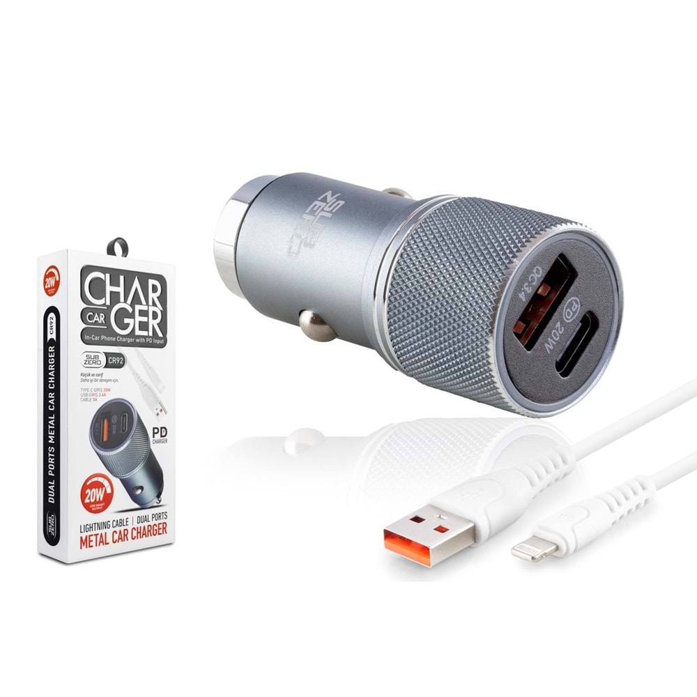 Subzero CR92 20W 3.4A Hızlı PD+Usb Çıkışlı İphone Araç Şarj Aleti