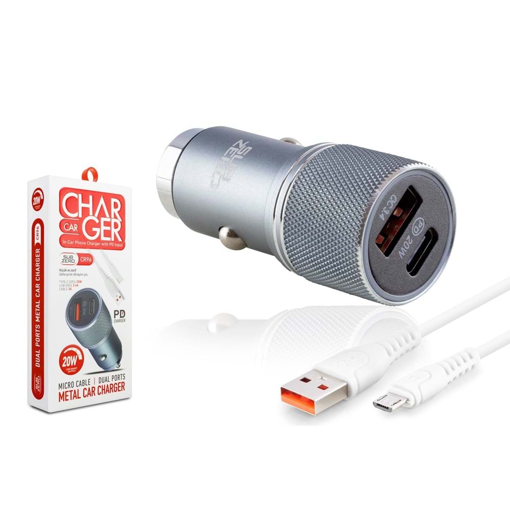 Subzero CR96 20W 3.4A Hızlı PD+Usb Çıkışlı Micro Araç Şarj Aleti