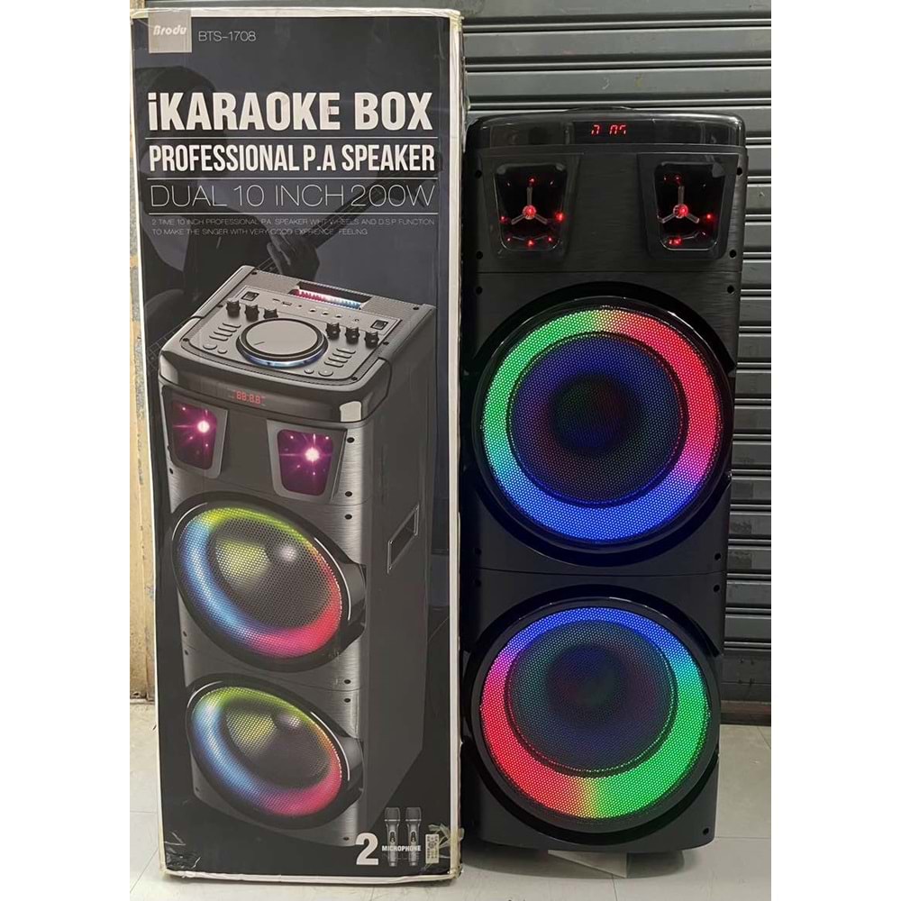 Brodu BTS-1708 RGB Bluetooth/Usb/Sd/Fm Müzik Kutusu Kablosuz ÇiftMikrofonlu