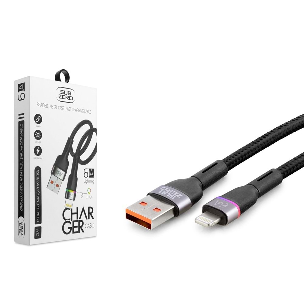 Subzero CL83 Metal Başlık Hasır 6A Lightning RGB Ledli Hızlı Şarj Data Kablosu 1mt