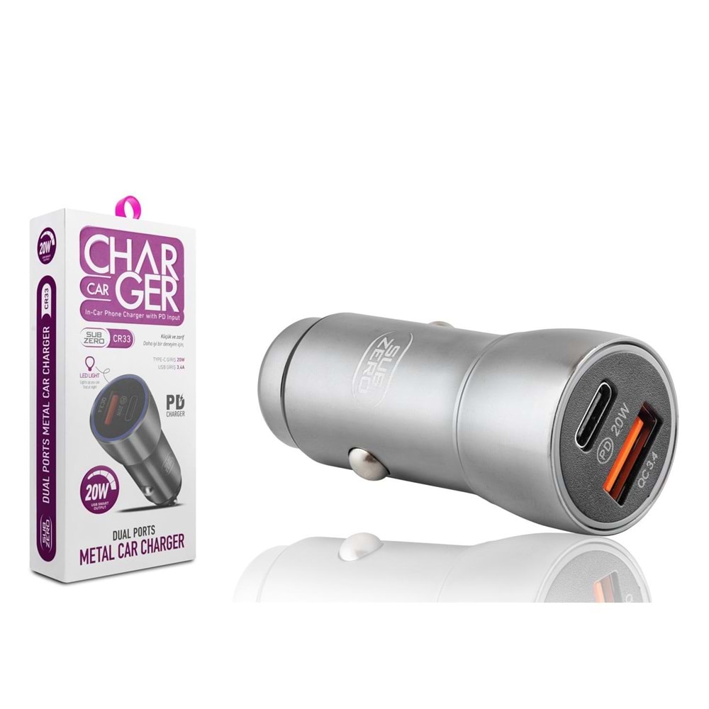 Subzero CR33 20W 3.4A PD+Usb Çıkışlı Metal Ledli Araç Şarj Başlığı