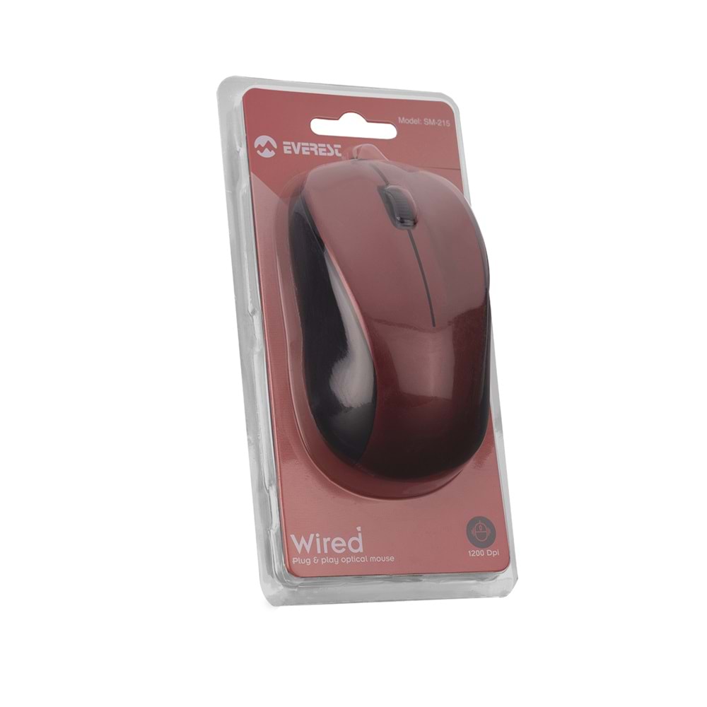 Everest SM-215 Usb Kırmızı 1200dpi Optik Mouse Kablolu (Kablo Uzunluğu 110cm)
