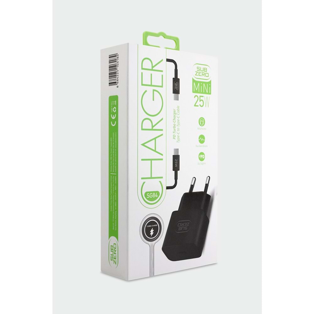 Subzero SG84 25W PD Type-C to Type-C (Mini Turbo) Siyah Şarj Aleti